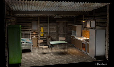 Voici un décor réalisé pour un escape Game. le scénographe a ici imaginé une cabane de pêcheur située dans les années 70. Bois et mobilier vintage.