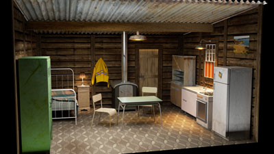Voici un décor réalisé pour un escape Game. le scénographe a ici imaginé une cabane de pêcheur située dans les années 70. Bois et mobilier vintage.
