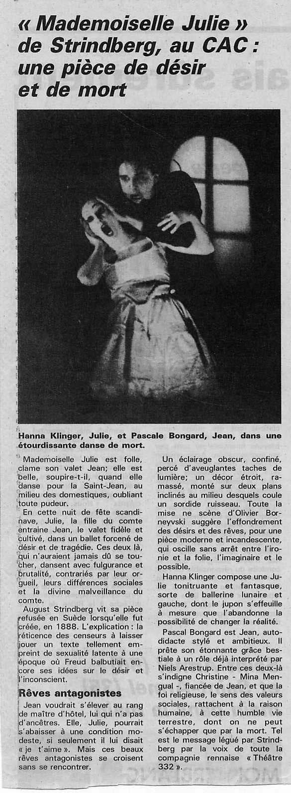Article du Télégramme pour Mademoiselle Julie