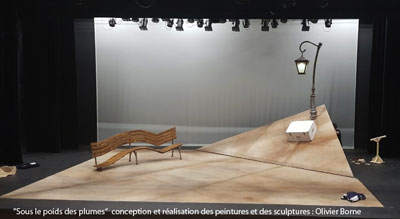 Cette scénographie représente un espace lié au souvenir: un banc en perspective forcée et une malle éclairé par un lampadaire rétro.